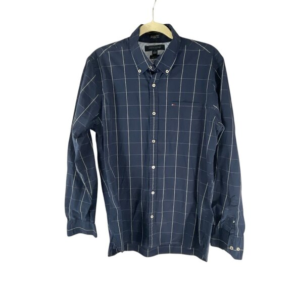 Tommy Hilfiger Men's Navy Blue Button-Down Shirt Windowpane Size M Cotton Blend - Picture 3 of 8